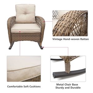 Fauteuil à bascule d'extérieur en rotin kaki avec coussins moelleux et structure en acier pour jardin - Product Image 5