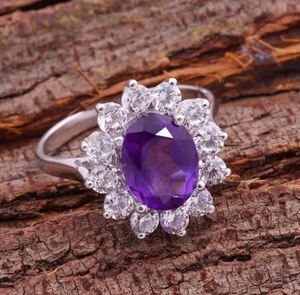 แหวนหมั้นเพชรพลอยสีม่วงทรงรีแบบออร่าธรรมชาติ ตัวเรือนเงินแท้ชุบทอง ดีไซน์คลาสสิกสำหรับผู้หญิง - Product Image 5