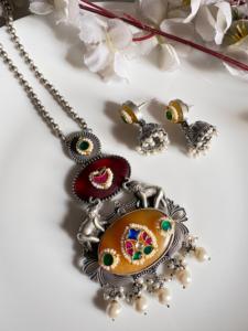 Conjunto de collar largo Kundan Fusion SLA con pendientes – Joyería nupcial económica en stock - Product Image 3