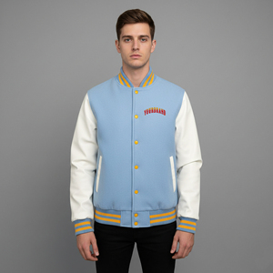 Veste universitaire pour homme, violette et crème, avec fermeture boutonnée, coupe classique, style décontracté, col montant, couleur unie, doublure en coton - Product Image 3