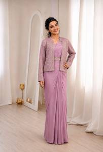 Designer Embroidery Sequence Lace Work Crepe Silk Ready To Wear <b>Saree</b> <b>With</b> Stitched Blouse And Stitched <b>Jacket</b> Set - Product Image 3