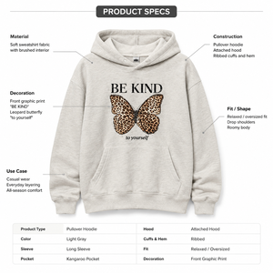Sweat-shirt à capuche pour femme avec imprimé léopard et papillon, « Be Kind Yourself », gris clair, en coton, décontracté, sweat-shirt premium pour femme - Product Image 5