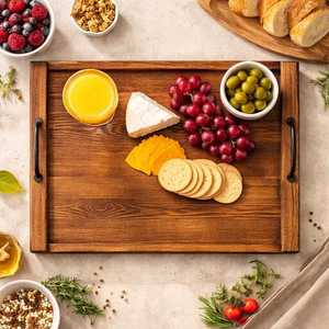 Planche à découper rustique en bois d'acacia, faite à la main, épaisseur 1,5 cm, rectangulaire, résistante à la chaleur, avec poignées, pour servir les aliments - Product Image 5