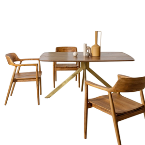 Table de salle à manger moderne pour la maison, couleur noyer, en bois de manguier massif, plateau incurvé, base en métal finition dorée, 6-8 places, cuisine, salle à manger - Product Image 3
