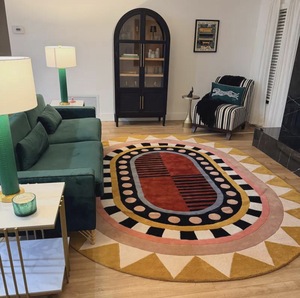 Tapis ovale géométrique avec motif bohème, multicolore, en laine et acrylique, tufté, antidérapant, avec dos en caoutchouc, pour salon - Product Image 1