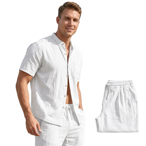 Ensemble de pyjama pour homme en coton blanc tricoté 140g, chemise à manches courtes et pantalon long, respirant, couleur unie, décontracté, pour l'été, coupe ample - Product Image 4