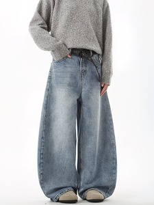 Men's Streetwear Straight Leg Baggy Denim <b>Trousers</b> | Oversized <b>Light</b> Wash Blue Jeans | Comfortable Everyday Casual Pants - Product Image 5