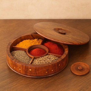 Vintage Style Wooden Masala <b>Box</b> with Spoon Traditional Spice Organizer - Product Image 5