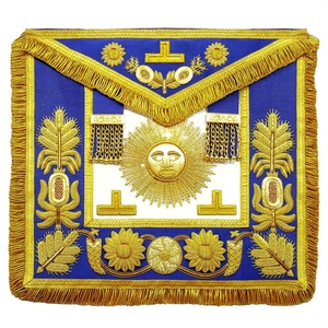 Delantal Masónico Azul Rey con Bordado Dorado de Sol, Granada, Loto y Flecos de Hilo Metálico, Regalia Personalizada - Product Image 4