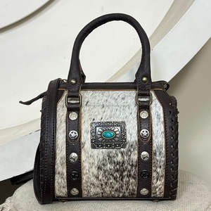 March Expo Premium <b>Tooled</b> Cowhide Leather Mini Duffel Speedy Bags New Compact Size Studs & Concho Crossbody Travel Purse Handbag - Product Image 4