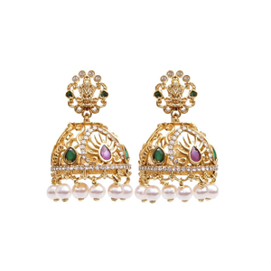 Boucles d'oreilles pendantes de créateur JeweleMarket avec cristaux, strass et perles d'eau douce, plaquées or, style ethnique, pour mariage, Jhumki - Product Image 2