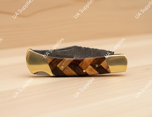 มีดพับเหล็กดามัสกัส ด้ามไม้ทองเหลือง ใบมีดแบบคลิปพอยต์ อเนกประสงค์ DIY EDC มีดพกพาสำหรับใช้งานกลางแจ้ง ล่าสัตว์ - Product Image 3