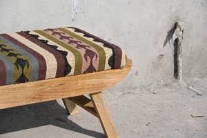 Banc ottoman pliable artisanal traditionnel style bohème géométrique en kilim, rembourré en laine et jute, écologique, du Rajasthan - Product Image 4