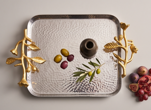 Plateau de service décoratif en métal avec poignée en forme de branche de fleur dorée, plateau de qualité supérieure pour servir des en-cas, des aliments, des fruits - Product Image 6