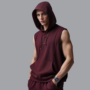 Men's Hooded Sleeveless Tank Top Solid <b>White</b> French Terry Knitted Casual Sweatshirt Summer Drawstring Fit Customized Colors - Product Image 5