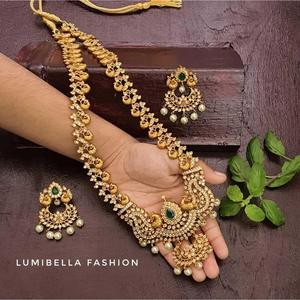 Peacock Long Haram with Matte Gold Polish Fashion Jewelry Set - Product Image 1