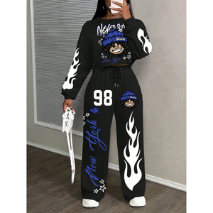 Women's Winter Eco-Friendly Hooded Casual Distressed Embroidery Patch Acid Washed Cropped Long Sleeve Full Length <b>Jogger</b> Set - Product Image 2