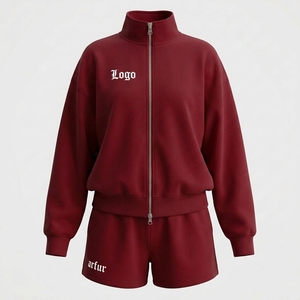 Women's 2-Piece Fleece Shorts <b>Set</b> Stand Collar Zipper Jacket Embroidered Logo Casual Loose Fit All Seasons Sportswear - Product Image 2
