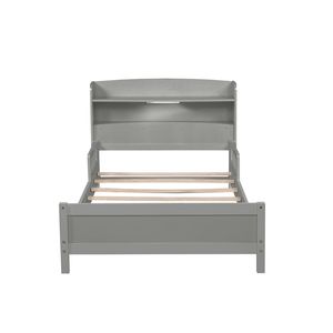 Letto in Legno di Pino con Luce LED a Sensore di Movimento, Sponde di Sicurezza e Libreria Integrata, Testiera Grigia - per Bambini - Product Image 1