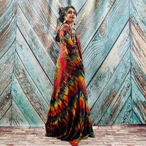 Traditionnel Tie Dye Motif Femmes Surdimensionné Kimono Veste Bohème Festival Dentelle Garniture Bandeau Robe Longue Kimono - Product Image 4