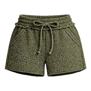 Manufacturer Custom Yellow Sherpa Fleece High Shorts Women Cozy Soft Plush Lounge Wear Tassel Button Elastic Waist Casual - Product Image 3