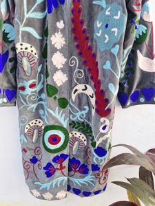 Suzani Embroidered Reversible Eco-Friendly Hooded Drop-Shoulder Sleeves 85% Down Filled Velvet <b>Gothic</b> Regular <b>Jacket</b> - Product Image 3