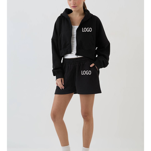 Wholesale Women Crop Hoodie And Shorts Set Custom Logo Premium Fleece Two Piece <b>Tracksuit</b> Manufacturer - Product Image 5