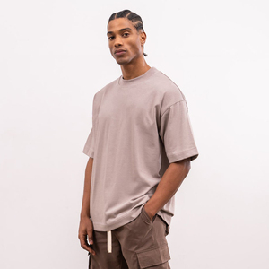 T-shirt décontracté pour homme 2026, coupe oversize, beige uni, manches courtes, épaules tombantes, col rond, impression en relief - Product Image 2