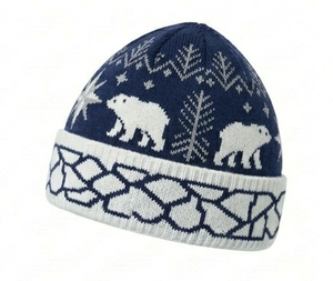 Unisex Knit <b>Beanie</b> Hat With Polar Bear And Snowflake Pattern <b>Navy</b> Blue Winter Cap For Adults 56-58CM Head Circumference - Product Image 3