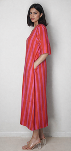 Women Striped Bohemian Midi Dress V Neck Loose Fit Casual Summer Kaftan Cotton Linen Eco-Friendly Wholesale ODM Supplier Indian - Product Image 3