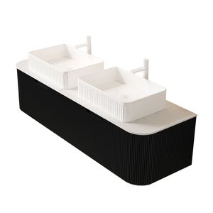 DINA 60\" <b>Wall</b> Mounted Bathroom Vanity with <b>Floating</b> Curved Edges Striped 2-Whit Drawers 2 Sinks Storage Cabinet - Product Image 4