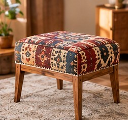 Bohemian Pattern Upholstered Ottoman Foam Filled Wooden Leg Accent <b>Stool</b> Bench for Living Room Bedroom Housewarming - Product Image 1
