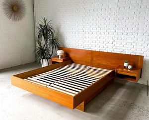 Modern Minimalist Solid Wood <b>Platform</b> <b>Bed</b> <b>Frame</b> with Floating Nightstands Contemporary Bedroom Furniture - Product Image 1
