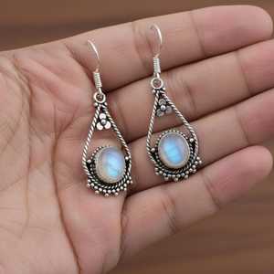Pendientes de piedra lunar arcoíris en forma de lágrima, plata de ley oxidada, joyería vintage boho con piedras preciosas para mujer, regalo. - Product Image 3