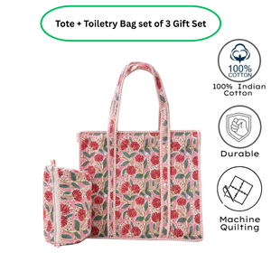 Sac fourre-tout bohème floral imprimé au bloc de Jaipur + Trousse de toilette assortie à fermeture éclair en pur coton matelassé durable et réutilisable - Product Image 3