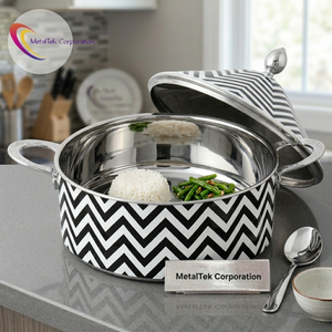 Luxury Chevron Print Enamel Hot Pot Silver Handles Food Warmer Large Capacity Serving Dish Customizable Design Modern Casserole - Product Image 5