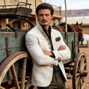 Blazer décontracté blanc pour homme à col mandarin - Coupe ajustée - Veste d'automne avec boutons dorés coupe-vent - Product Image 5
