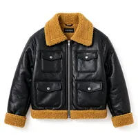 Veste de moto en cuir véritable noir pour homme, doublée en sherpa, fermeture éclair, vêtement d'hiver