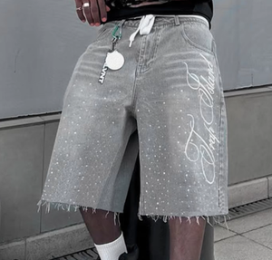 Shorts en jean décontractés pour hommes, longueur genou, tendance, avec lettres brodées et strass brillants, avec poches - Product Image 3