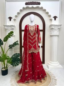 Ensemble de luxe rouge en georgette brodé, coupe ajustée, style Sharara, pour mariages pakistanais et fêtes, comprenant Gharara, Salwan et Kameez pour femme - Product Image 5