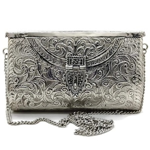 God Grace Craft Handcrafted Vintage <b>Silver</b> Metal Rectangle Clutch Bag Engraved Floral Design Luxury Evening <b>Handbag</b> Featuring - Product Image 5