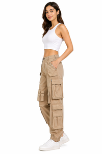 Pantalones Cargo Beige Multibolsillos para Mujer, Cintura Alta, Corte Relajado, Estilo Jogger Ajustado, Mezcla de Algodón - Product Image 2