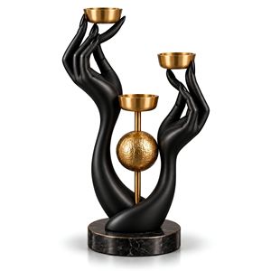 Porte-bougie sculpté à la main en métal doré, support à bougies 3 lumières, décoration de table, centre de table - Product Image 1