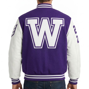 Blouson universitaire pour homme en laine violette et blanche de haute qualité, avec logo personnalisé très demandé, manches en cuir et lettre W appliquée. - Product Image 2