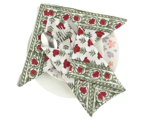 Ấn Độ Hoa Tay khối in viền bông vải khăn ăn trong táo và anh đào màu đỏ ô liu màu xanh lá cây
