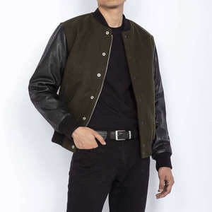 แจ็คเก็ตวาร์ซิตี้ฤดูหนาวปักโลโก้ตามสั่ง แขนหนัง สีดำ สำหรับคู่รัก สไตล์วิทยาลัย เบสบอล แจ็คเก็ตเลตเตอร์แมนผู้ชาย ปักลายด้านหน้า - Product Image 4