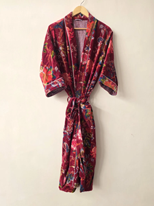 เสื้อคลุมกำมะหยี่สีแดงเข้มสำหรับผู้หญิงชุดกิโมโนผ้าพิมพ์ลายดอกไม้ระบายได้ดีเป็นมิตรกับสิ่งแวดล้อม - Product Image 2