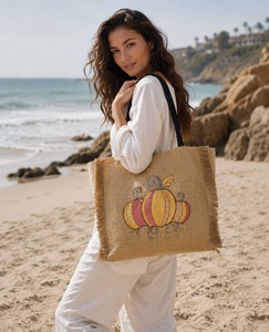 Sac fourre-tout en jute pour femme, style bohème automne, sac à bandoulière écologique avec fermeture éclair, pour voyage et usage quotidien - Product Image 4