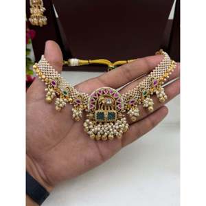Indian Ethnic Gold Plated Steel <b>Bridal</b> Choker <b>Necklace</b> & <b>Earring</b> <b>Set</b> - Product Image 3