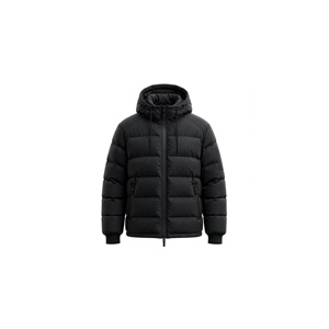 Veste matelassée longue noire pour homme, à capuche, en polyester épais, décontractée, fermeture éclair, coupe-vent avec poches - Product Image 1